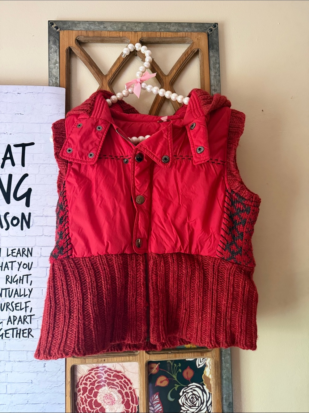 Free People Red Quilted & Knit Sleeveless Vest
